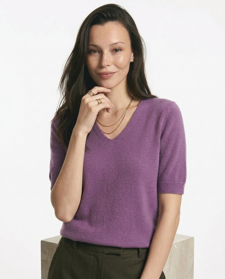 V-Neck Knit Top in Soft Merino Wool Blend with Relaxed Shape-Holding Fit, Khaki