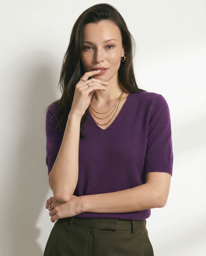 V-Neck Knit Top in Soft Merino Wool Blend with Relaxed Shape-Holding Fit, Khaki