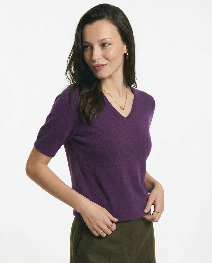 V-Neck Knit Top in Soft Merino Wool Blend with Relaxed Shape-Holding Fit, Khaki