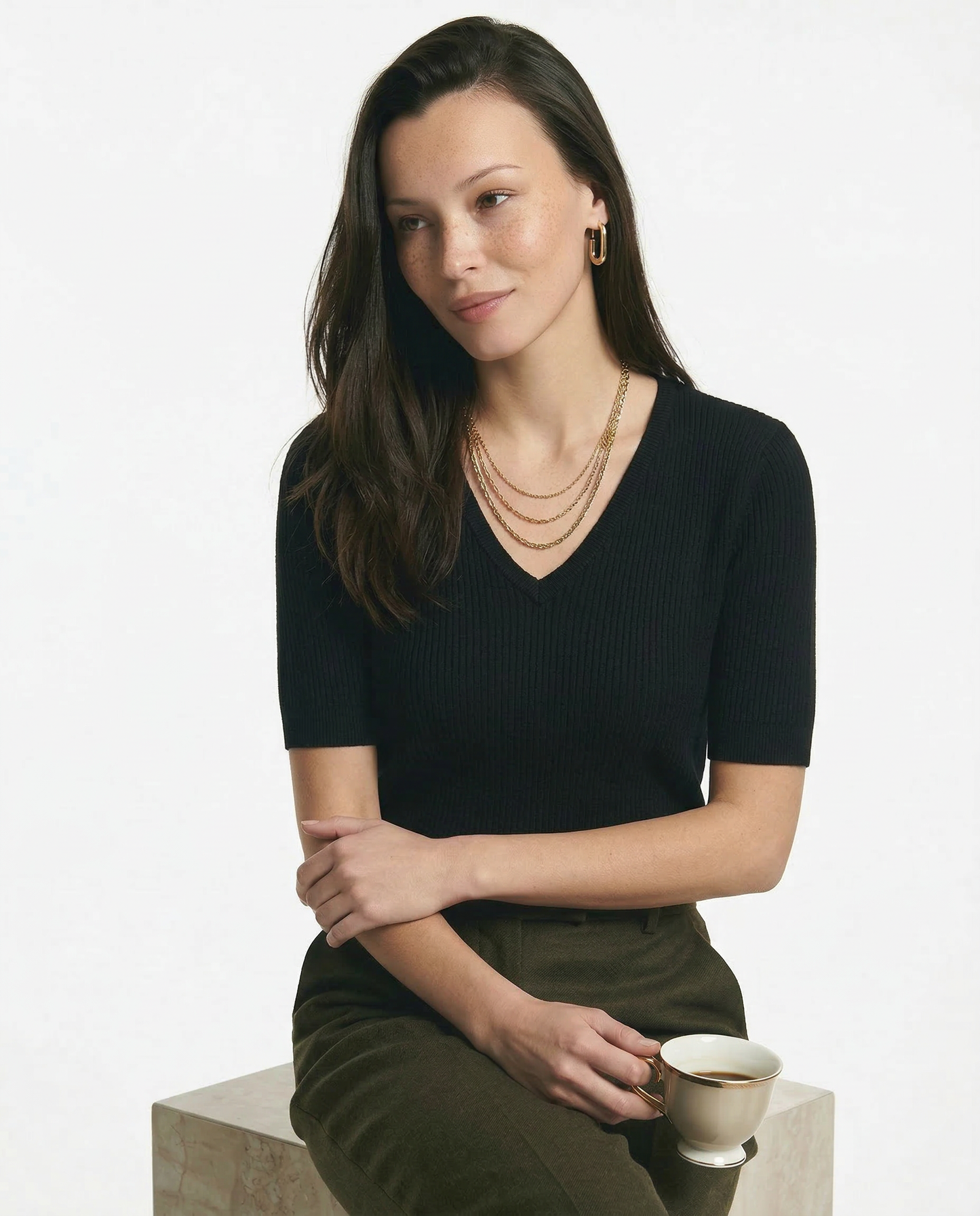 V-Neck Knit Top in Soft Merino Wool Blend with Relaxed Shape-Holding Fit, Khaki