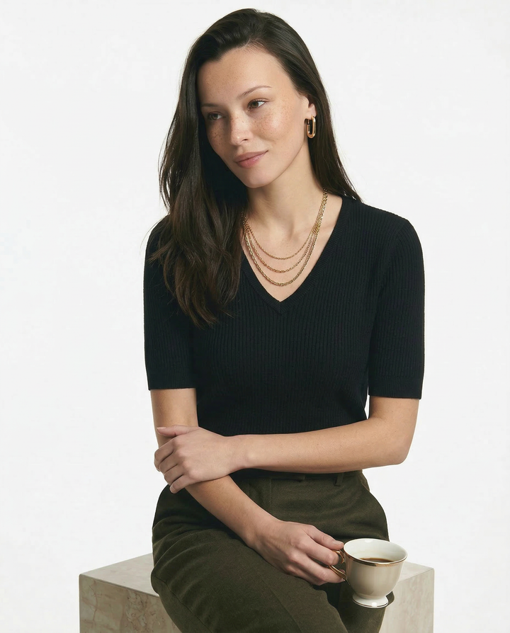 V-Neck Knit Top in Soft Merino Wool Blend with Relaxed Shape-Holding Fit, Khaki