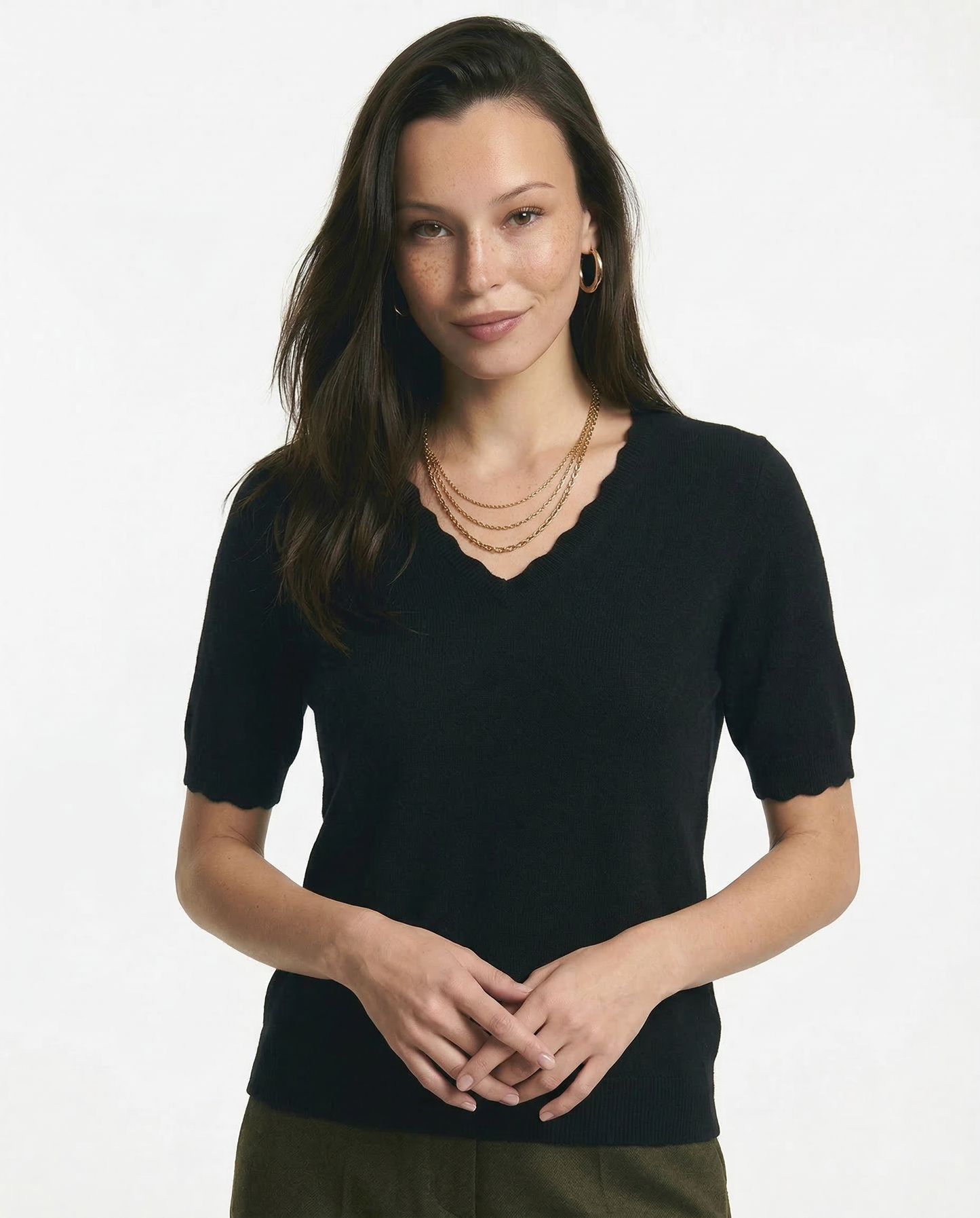 V-Neck Knit Top in Soft Merino Wool Blend with Relaxed Shape-Holding Fit, Khaki