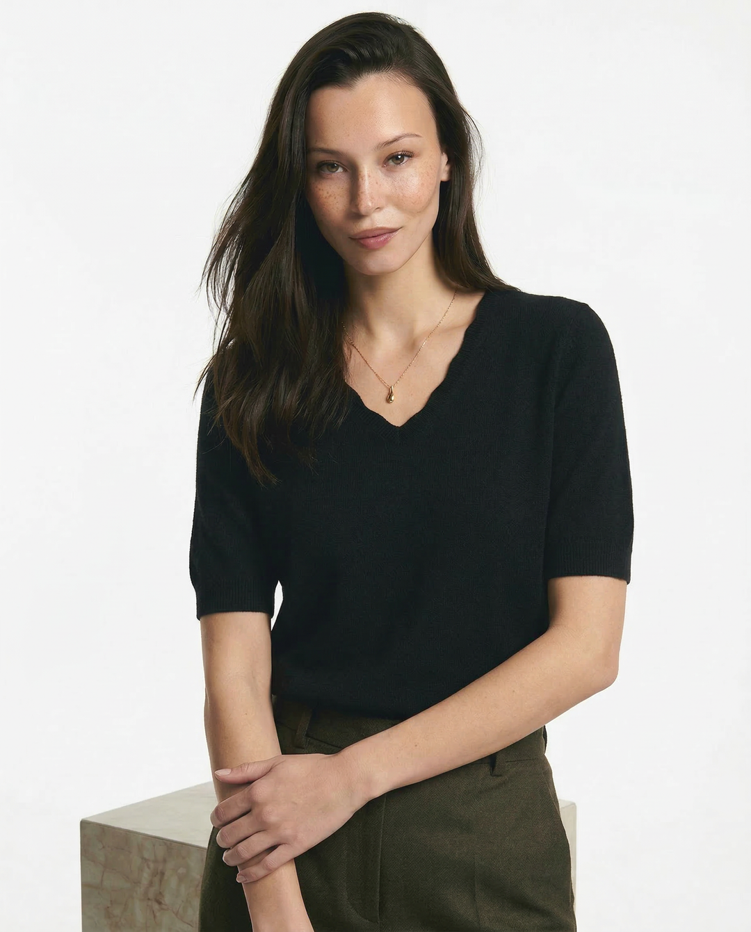 V-Neck Knit Top in Soft Merino Wool Blend with Relaxed Shape-Holding Fit, Khaki