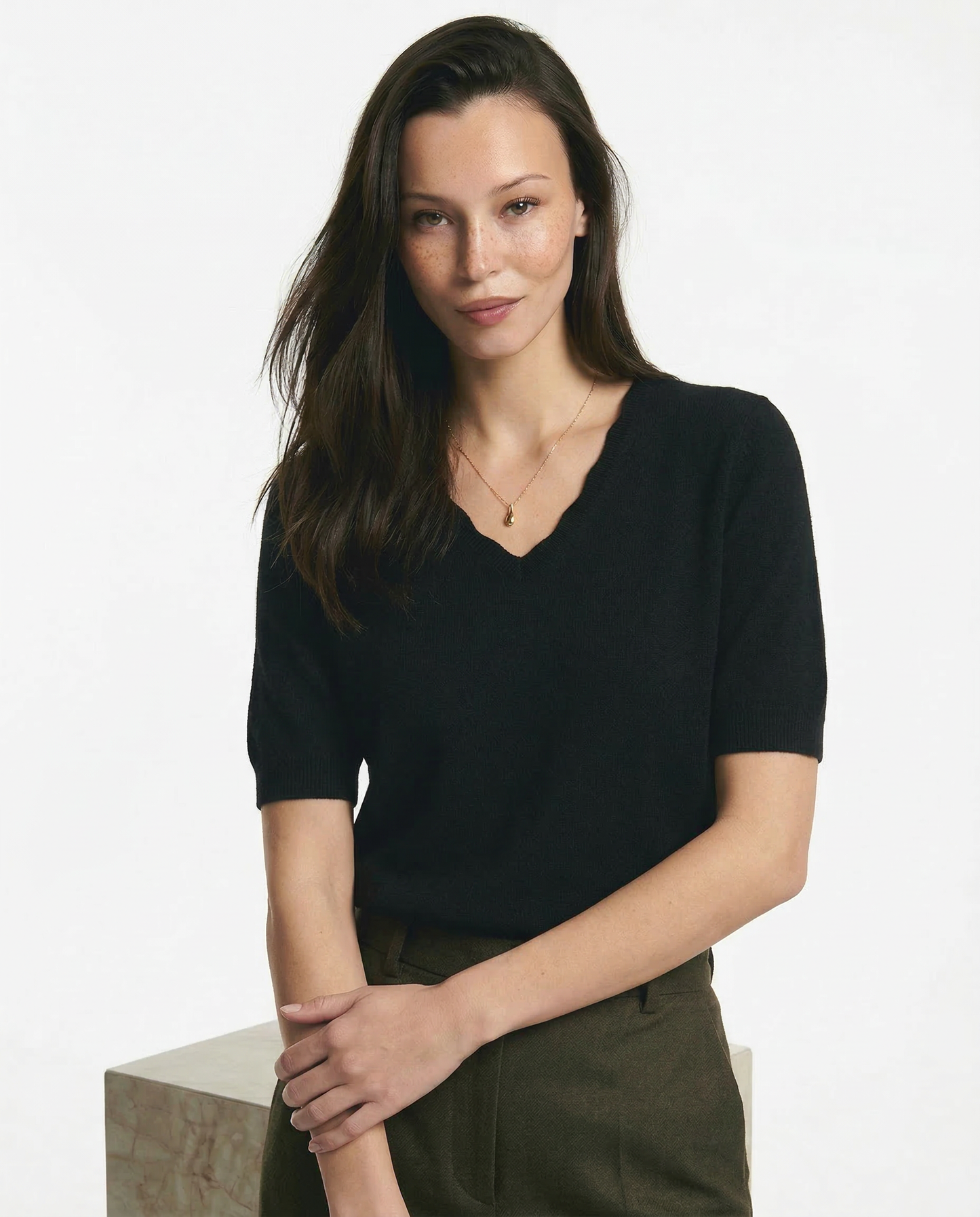 V-Neck Knit Top in Soft Merino Wool Blend with Relaxed Shape-Holding Fit, Khaki