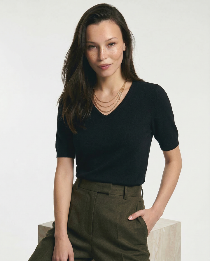 V-Neck Knit Top in Soft Merino Wool Blend with Relaxed Shape-Holding Fit, Khaki