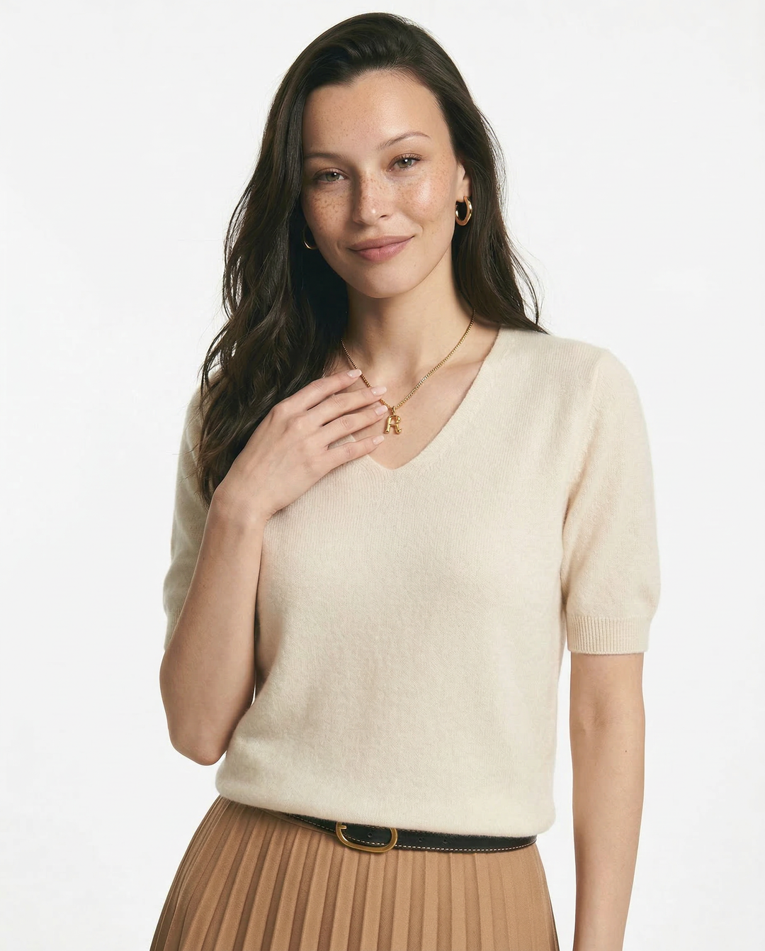 V-Neck Knit Top in Soft Merino Wool Blend with Relaxed Shape-Holding Fit, Khaki