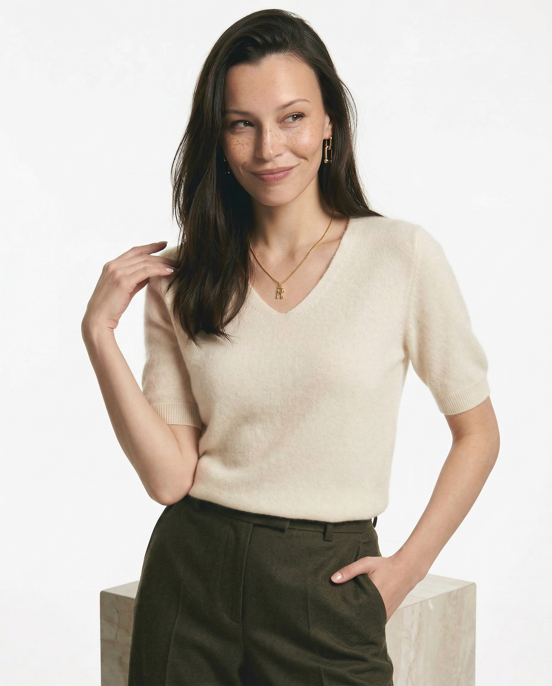 V-Neck Knit Top in Soft Merino Wool Blend with Relaxed Shape-Holding Fit, Khaki