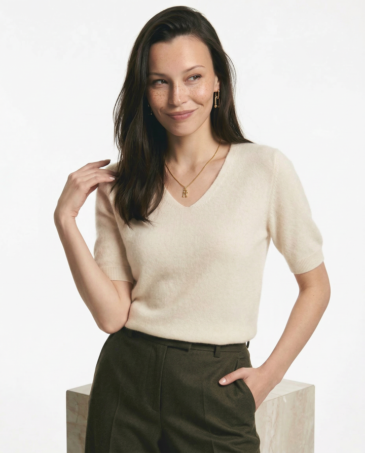 V-Neck Knit Top in Soft Merino Wool Blend with Relaxed Shape-Holding Fit, Khaki