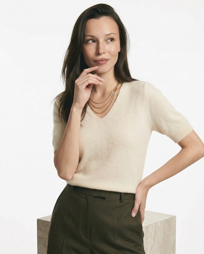 V-Neck Knit Top in Soft Merino Wool Blend with Relaxed Shape-Holding Fit, Khaki