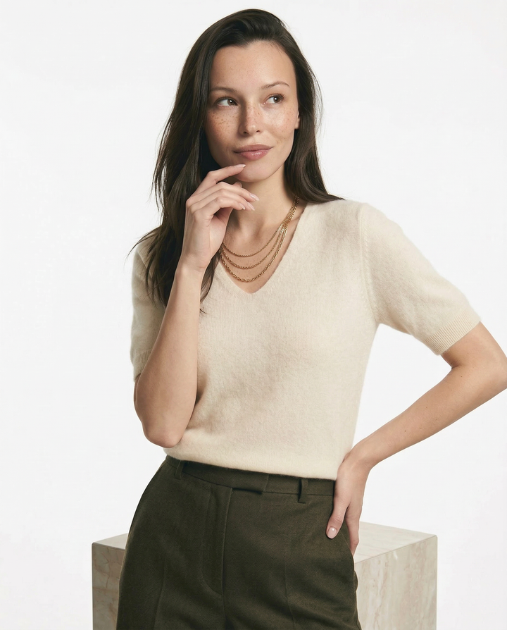 V-Neck Knit Top in Soft Merino Wool Blend with Relaxed Shape-Holding Fit, Khaki