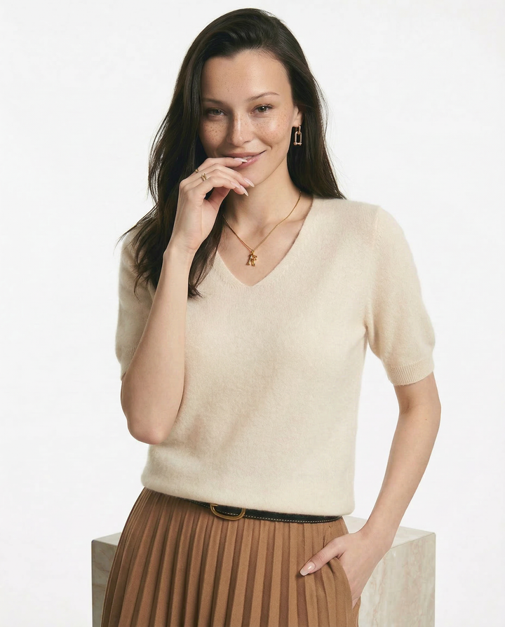 V-Neck Knit Top in Soft Merino Wool Blend with Relaxed Shape-Holding Fit, Khaki