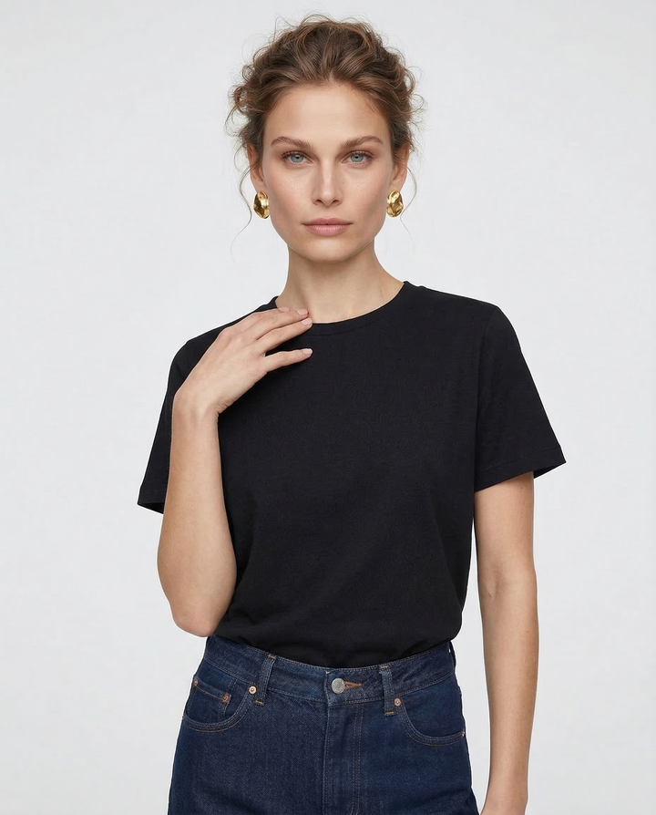 100% Cotton Crew Neck T-Shirt, Relaxed Fit Short Sleeve Tee for Everyday Layering in Black