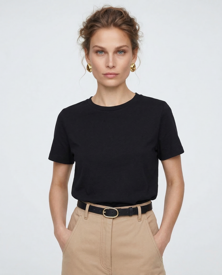 100% Cotton Crew Neck T-Shirt, Relaxed Fit Short Sleeve Tee for Everyday Layering in Black