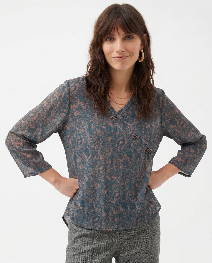 Crosswrap Linen Blend Blouse with Asymmetrical Wrap Design and Relaxed Long Sleeves in Blue