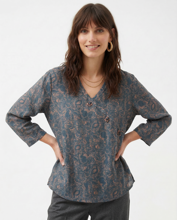 Crosswrap Linen Blend Blouse with Asymmetrical Wrap Design and Relaxed Long Sleeves in Blue