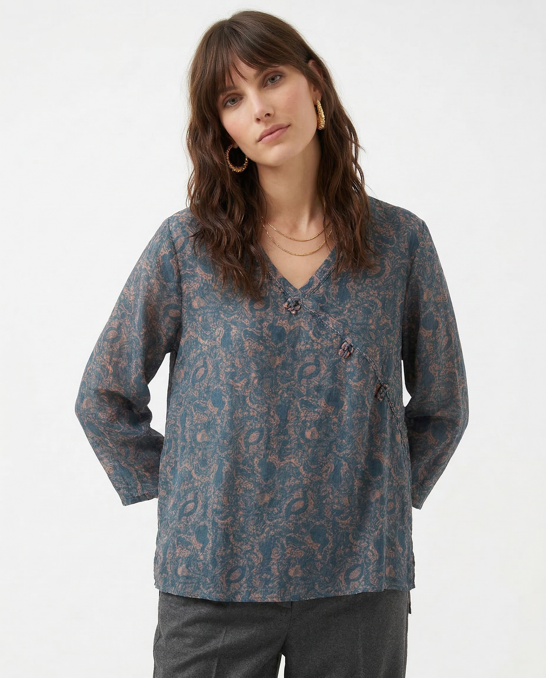 Crosswrap Linen Blend Blouse with Asymmetrical Wrap Design and Relaxed Long Sleeves in Blue