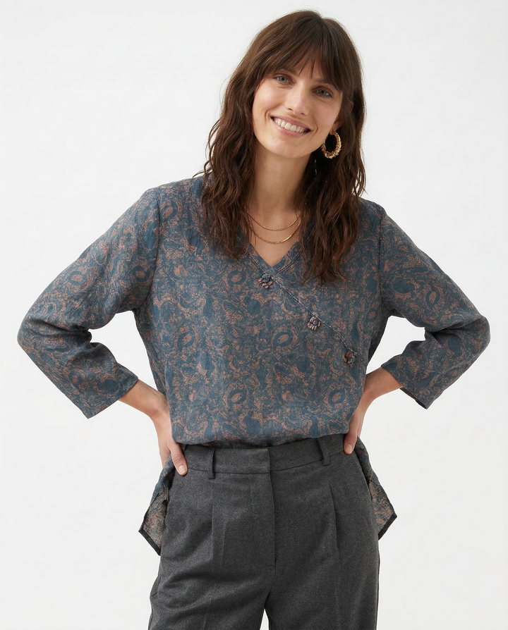 Crosswrap Linen Blend Blouse with Asymmetrical Wrap Design and Relaxed Long Sleeves in Blue