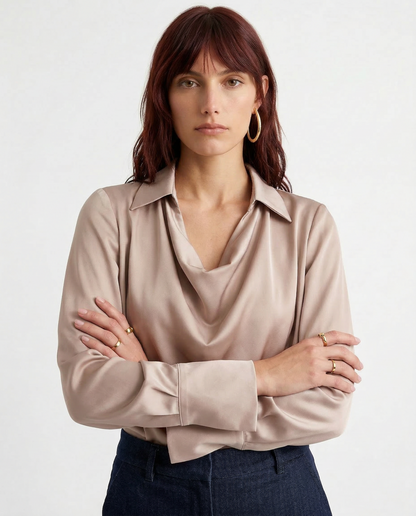 Long Sleeve Blouse with Draped Cowl Neckline, Silk-Blend Satin Finish and Button Cuffs