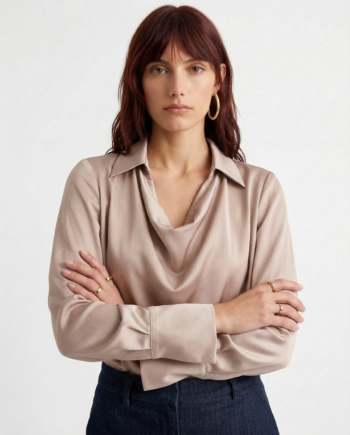 Long Sleeve Blouse with Draped Cowl Neckline, Silk-Blend Satin Finish and Button Cuffs