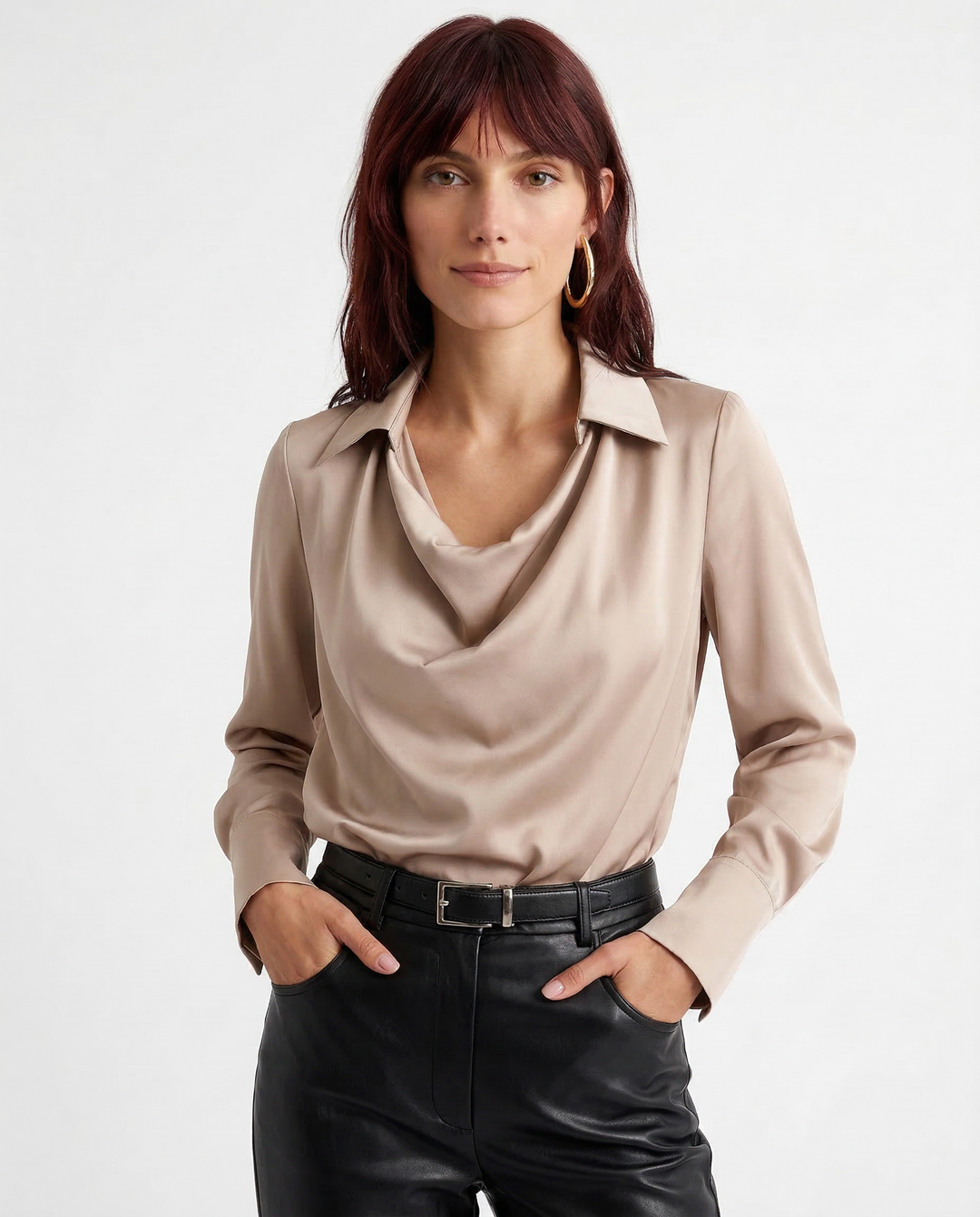Long Sleeve Blouse with Draped Cowl Neckline, Silk-Blend Satin Finish and Button Cuffs