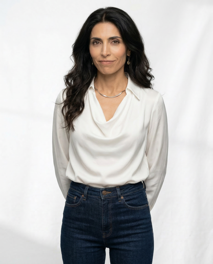 Long Sleeve Blouse with Draped Cowl Neckline, Silk-Blend Satin Finish and Button Cuffs