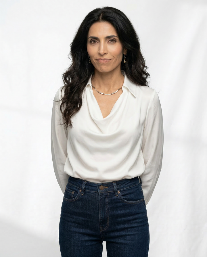 Long Sleeve Blouse with Draped Cowl Neckline, Silk-Blend Satin Finish and Button Cuffs