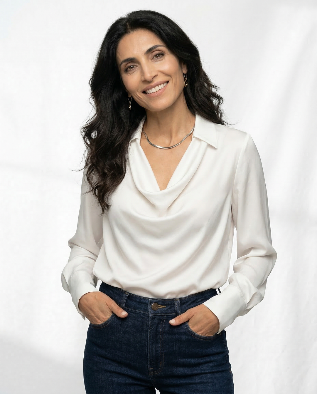 Long Sleeve Blouse with Draped Cowl Neckline, Silk-Blend Satin Finish and Button Cuffs