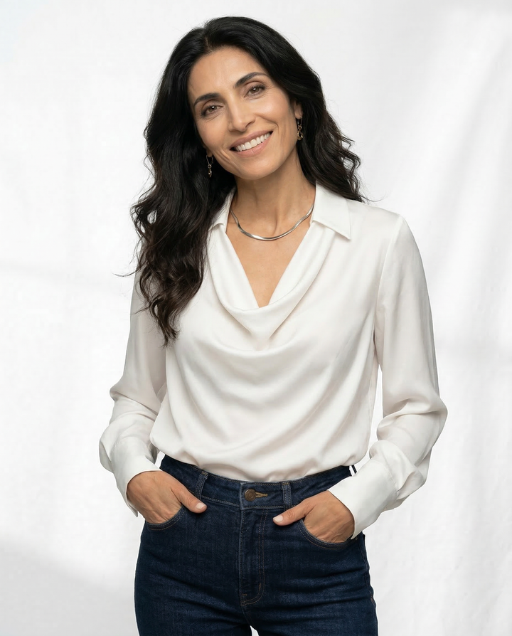 Long Sleeve Blouse with Draped Cowl Neckline, Silk-Blend Satin Finish and Button Cuffs