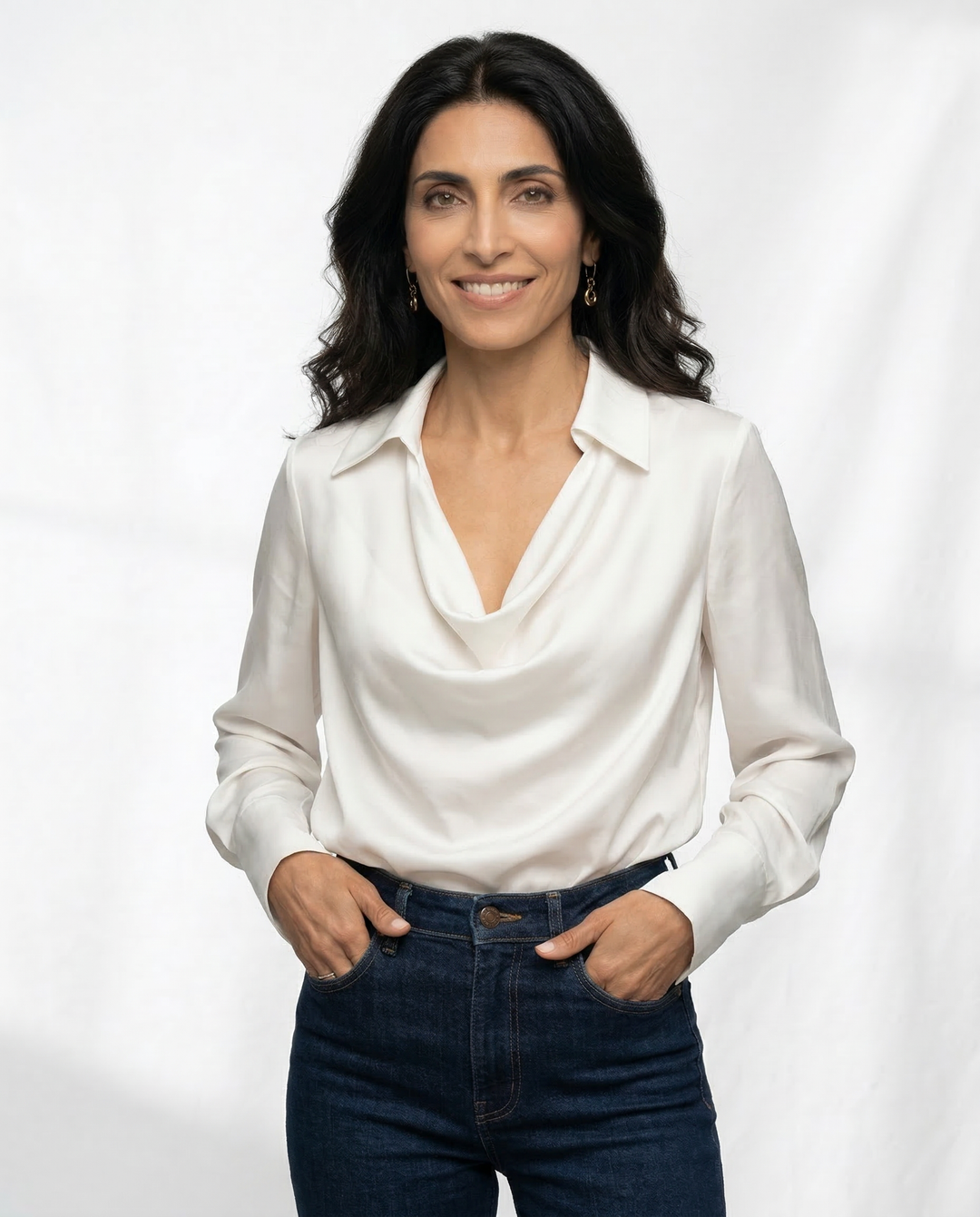 Long Sleeve Blouse with Draped Cowl Neckline, Silk-Blend Satin Finish and Button Cuffs
