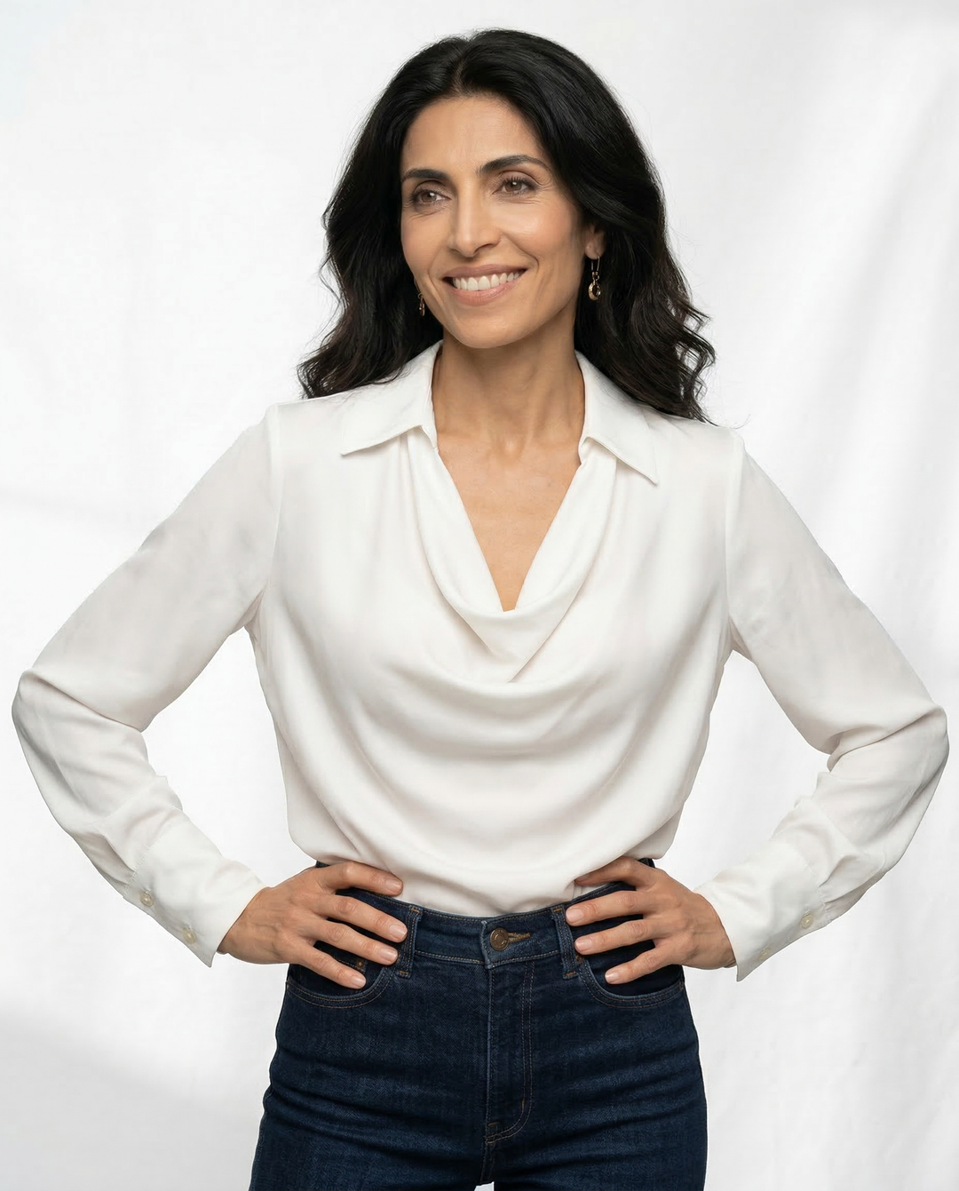 Long Sleeve Blouse with Draped Cowl Neckline, Silk-Blend Satin Finish and Button Cuffs