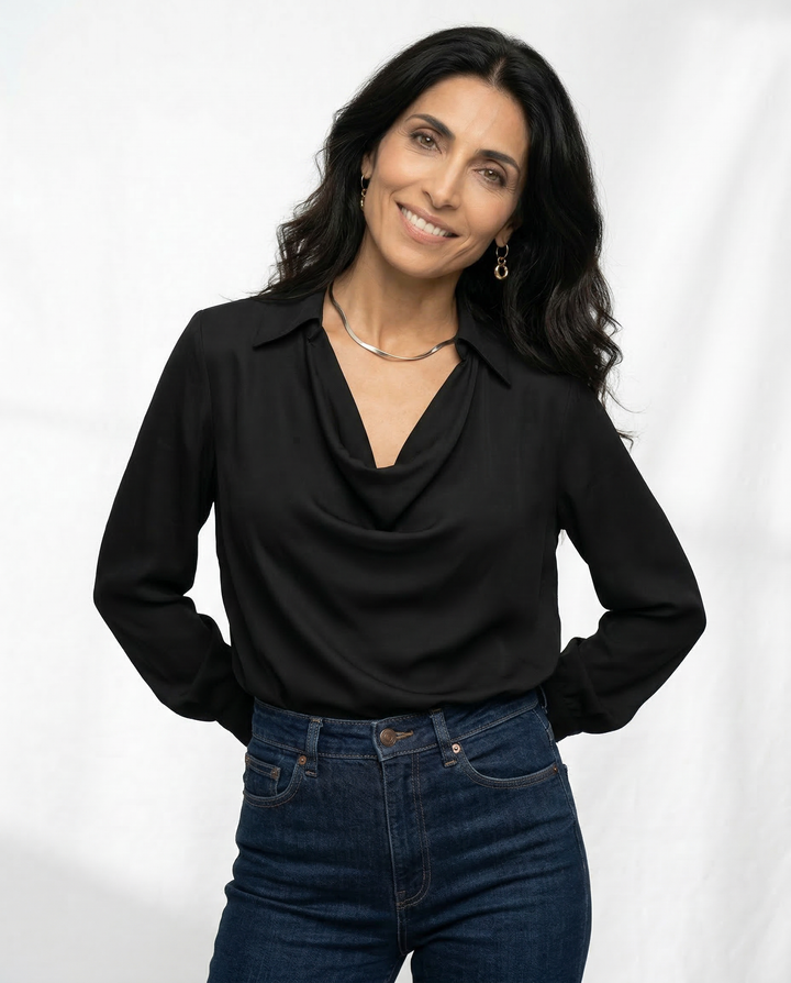 Long Sleeve Blouse with Draped Cowl Neckline, Silk-Blend Satin Finish and Button Cuffs