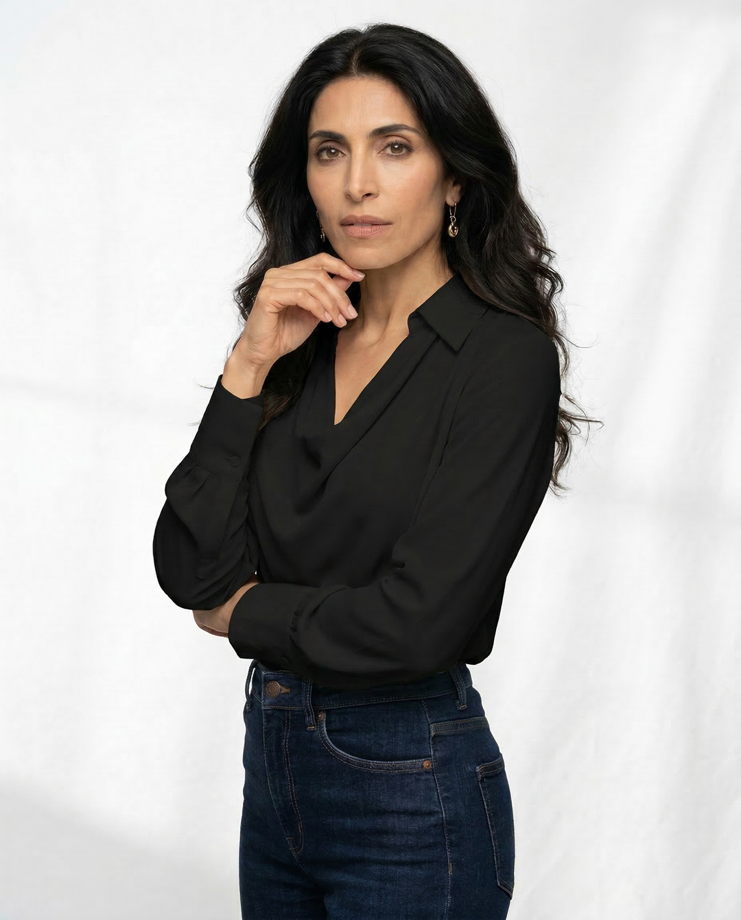 Long Sleeve Blouse with Draped Cowl Neckline, Silk-Blend Satin Finish and Button Cuffs