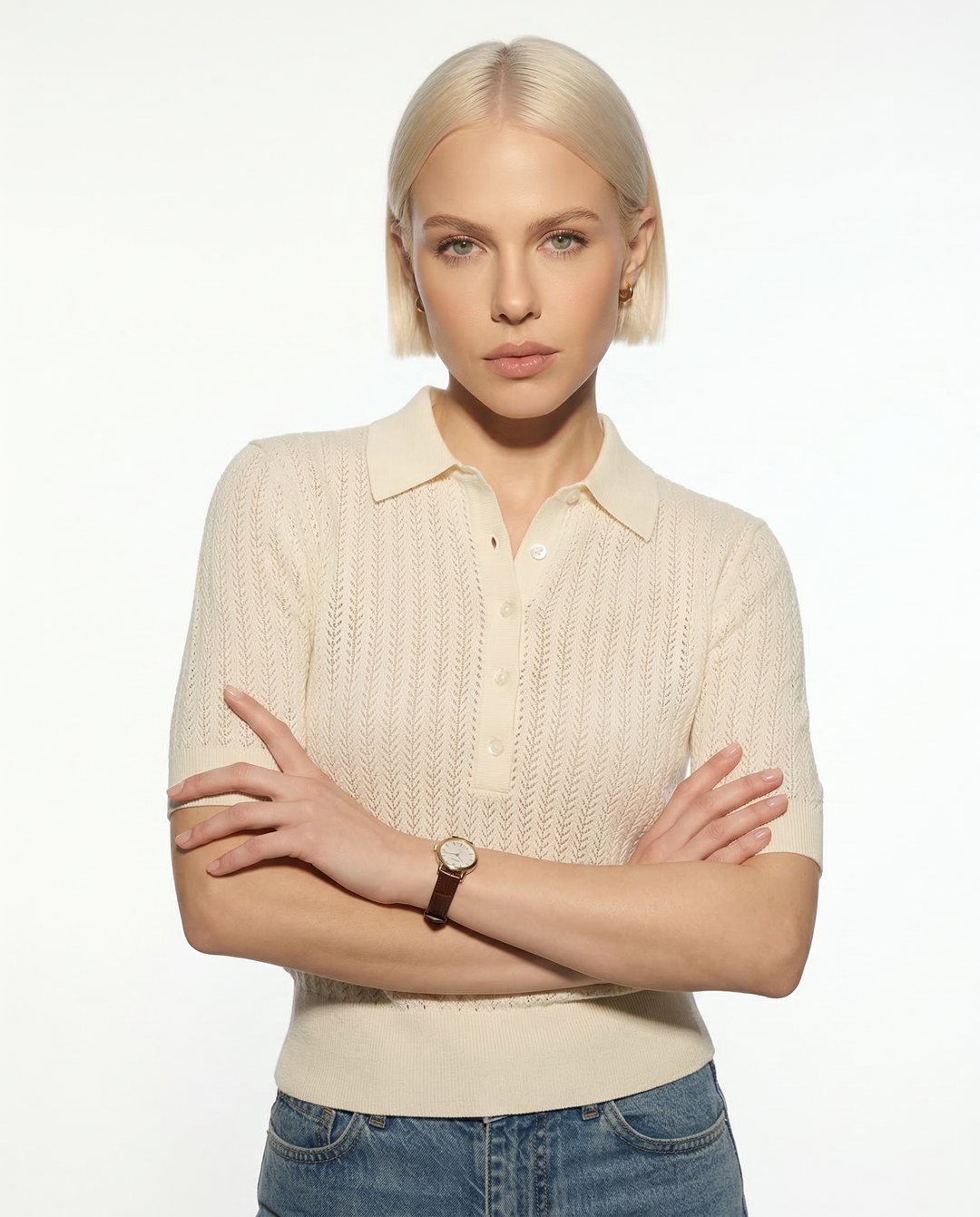 Ribbed Knit Polo Blouse with Button Collar and Breathable Stretch Fabric in Yellow