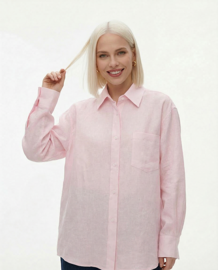 Linen Blouse in Oversized Fit with Turn-Down Collar, 100% Linen Long Sleeve Top for Women