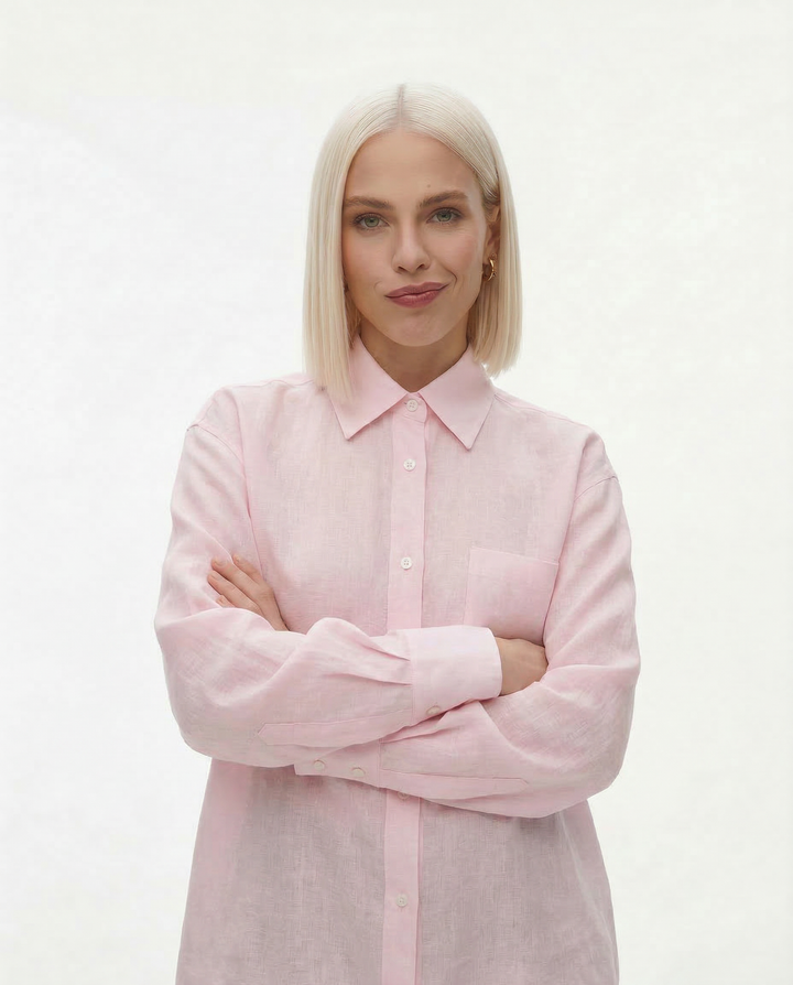 Linen Blouse in Oversized Fit with Turn-Down Collar, 100% Linen Long Sleeve Top for Women