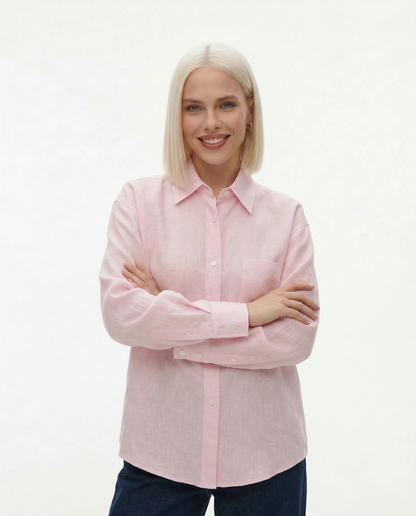 Linen Blouse in Oversized Fit with Turn-Down Collar, 100% Linen Long Sleeve Top for Women