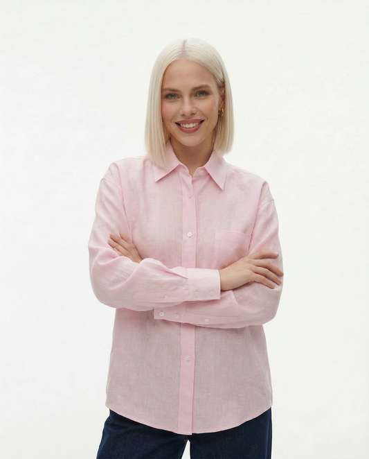 Linen Blouse in Oversized Fit with Turn-Down Collar, 100% Linen Long Sleeve Top for Women