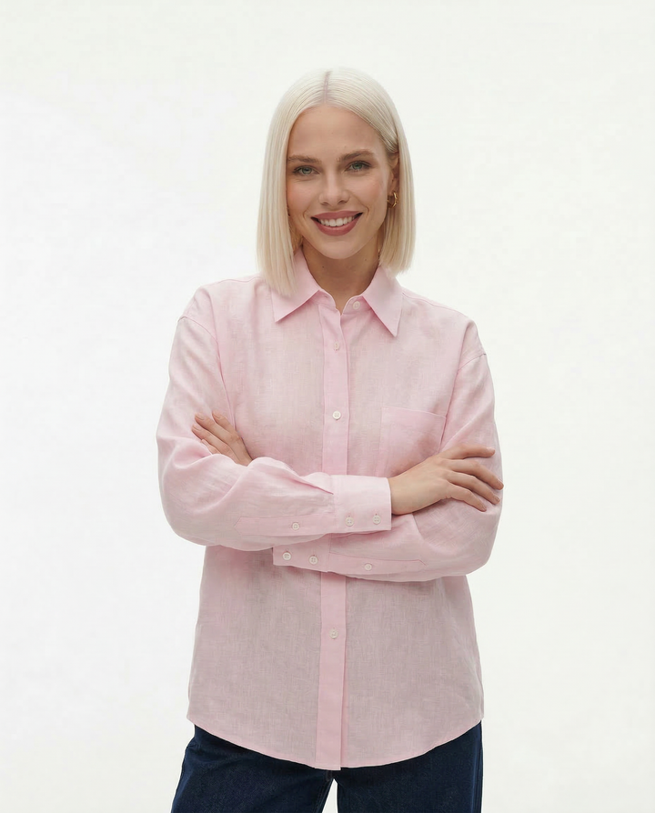 Linen Blouse in Oversized Fit with Turn-Down Collar, 100% Linen Long Sleeve Top for Women