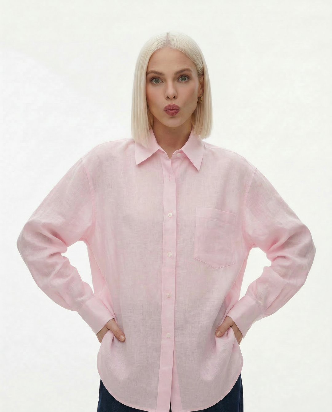 Linen Blouse in Oversized Fit with Turn-Down Collar, 100% Linen Long Sleeve Top for Women