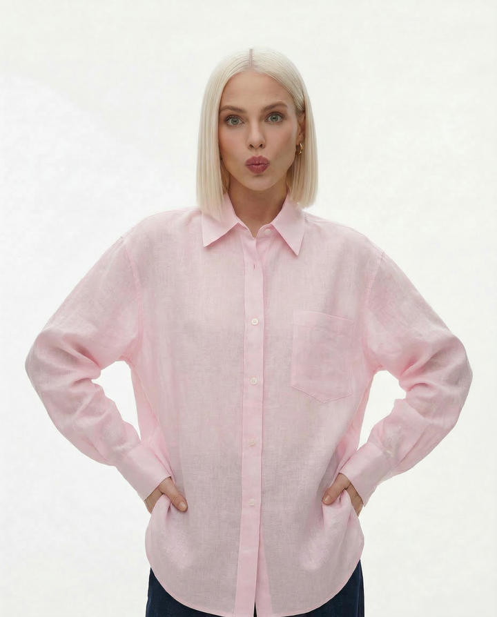 Linen Blouse in Oversized Fit with Turn-Down Collar, 100% Linen Long Sleeve Top for Women