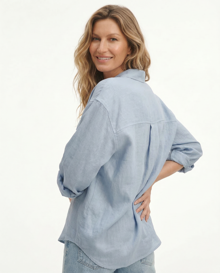 Linen Blouse in Oversized Fit with Turn-Down Collar, 100% Linen Long Sleeve Top for Women
