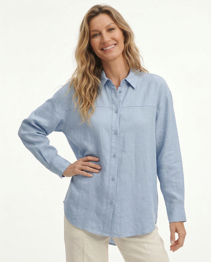 Linen Blouse in Oversized Fit with Turn-Down Collar, 100% Linen Long Sleeve Top for Women