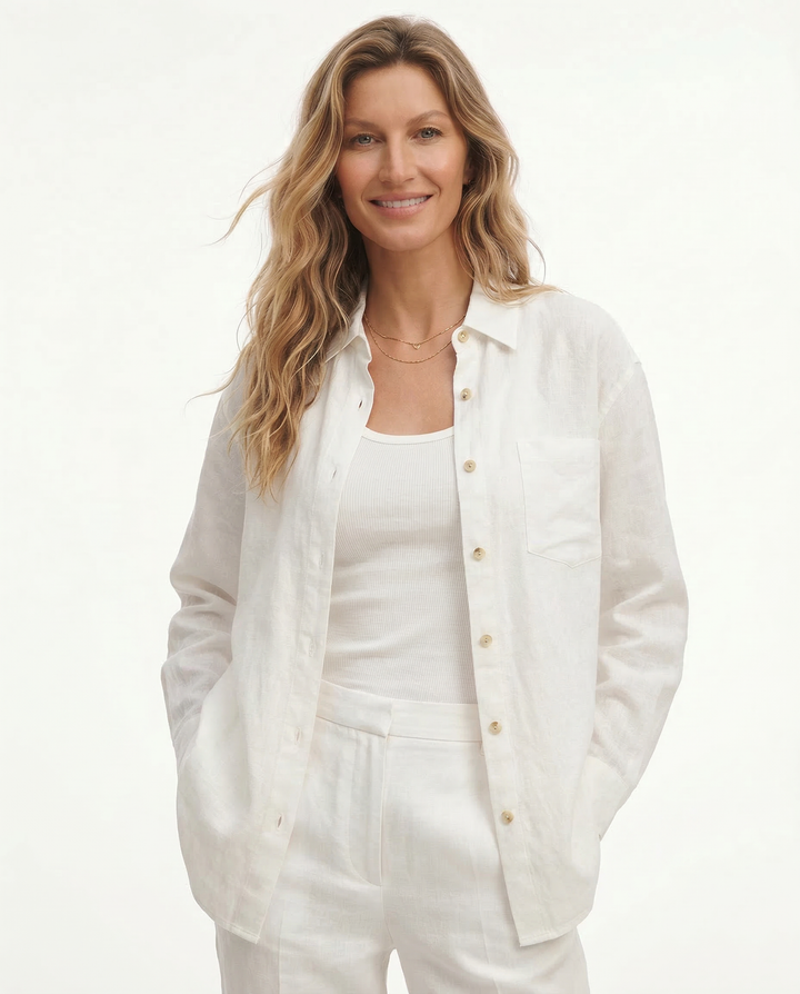 Linen Blouse in Oversized Fit with Turn-Down Collar, 100% Linen Long Sleeve Top for Women