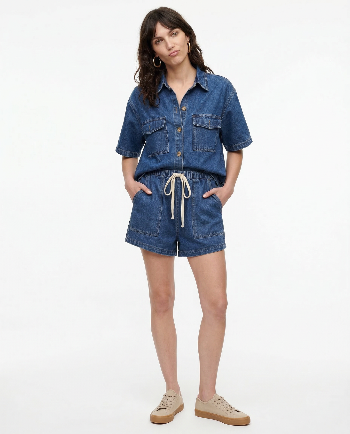 Button-Down Shirt and Drawstring Shorts 2-Piece Denim Set in Organic Cotton Blend with Elastic Waist