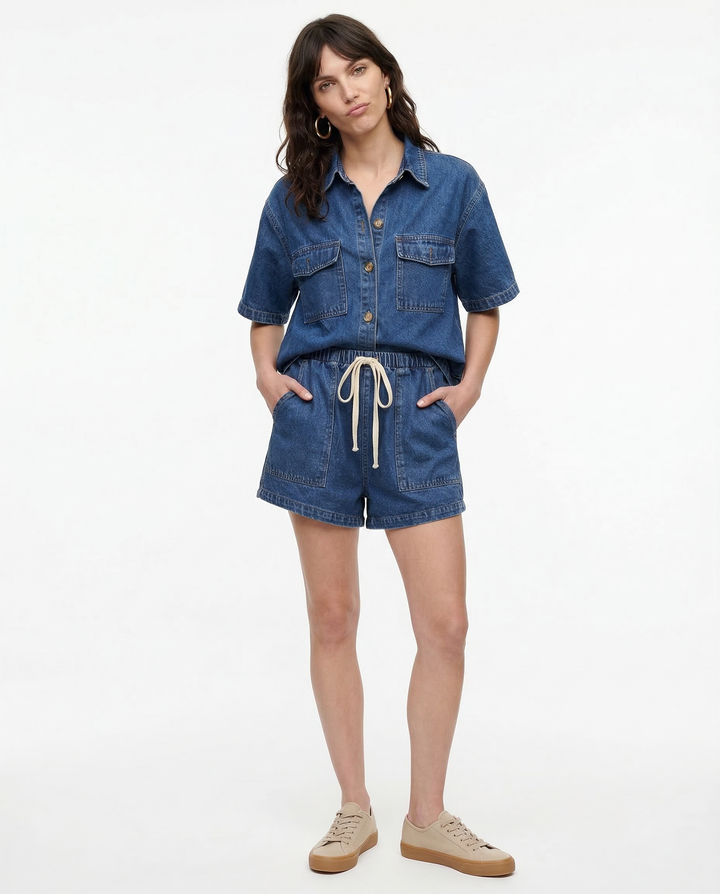 Button-Down Shirt and Drawstring Shorts 2-Piece Denim Set in Organic Cotton Blend with Elastic Waist