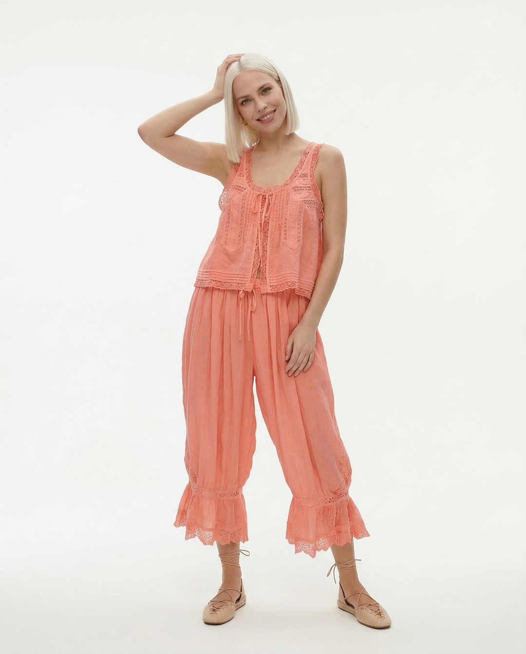Lace-Trim Cotton Two-Piece Set with Tank Top and Wide-Leg Drawstring Pants