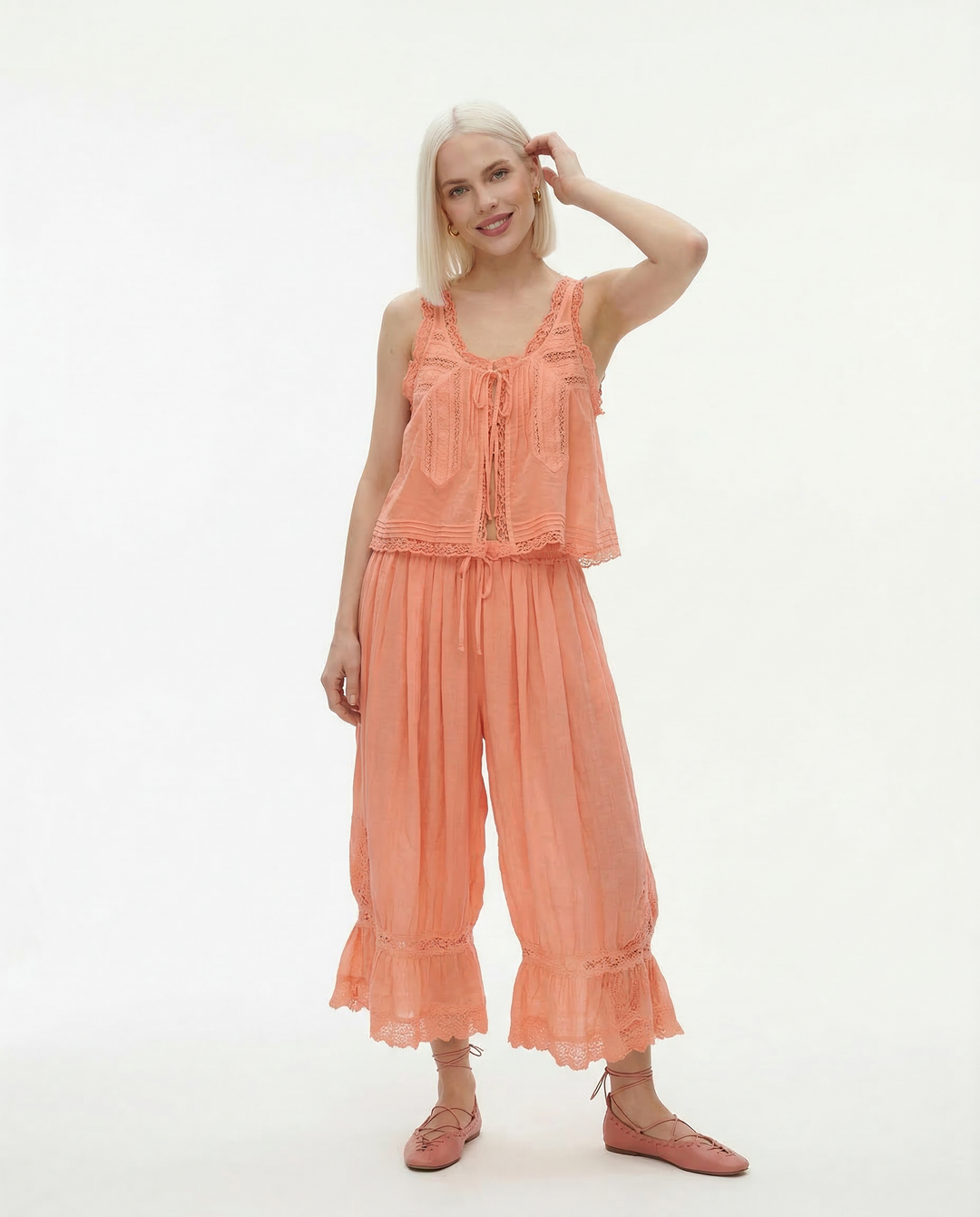 Lace-Trim Cotton Two-Piece Set with Tank Top and Wide-Leg Drawstring Pants