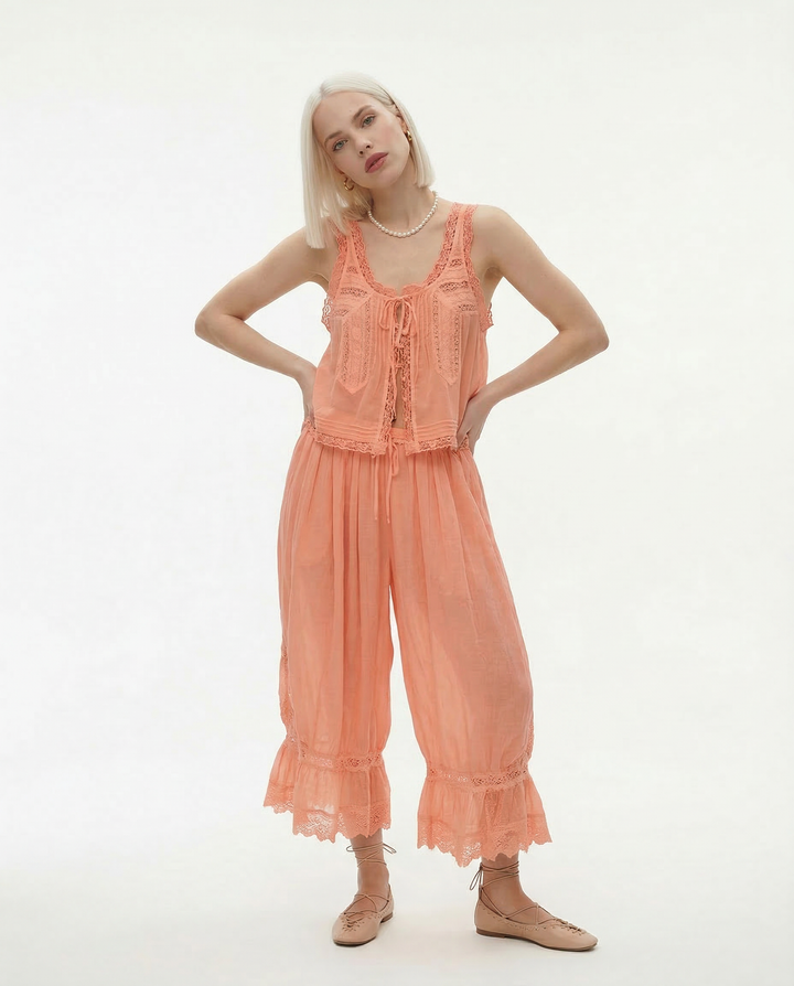 Lace-Trim Cotton Two-Piece Set with Tank Top and Wide-Leg Drawstring Pants