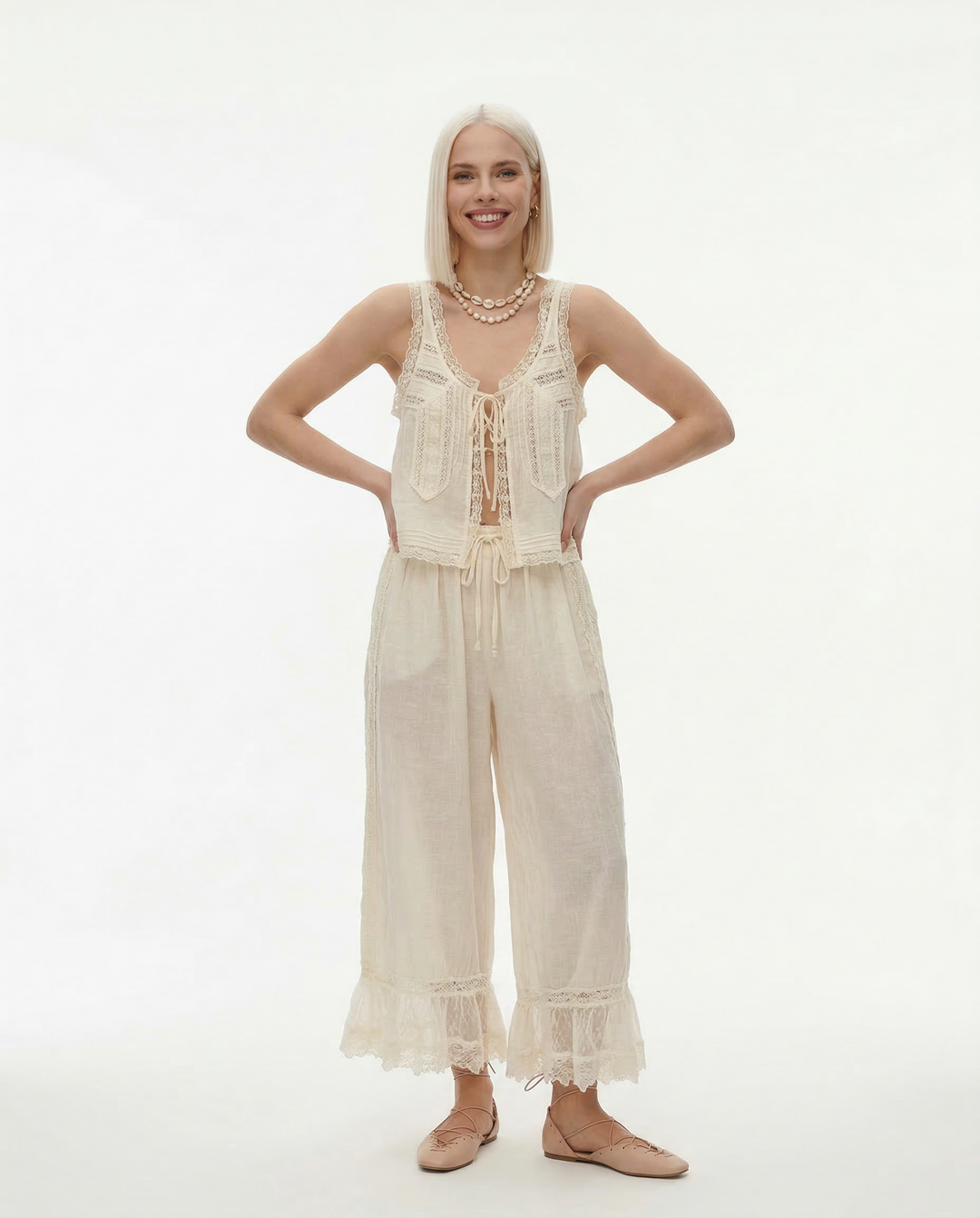 Lace-Trim Cotton Two-Piece Set with Tank Top and Wide-Leg Drawstring Pants