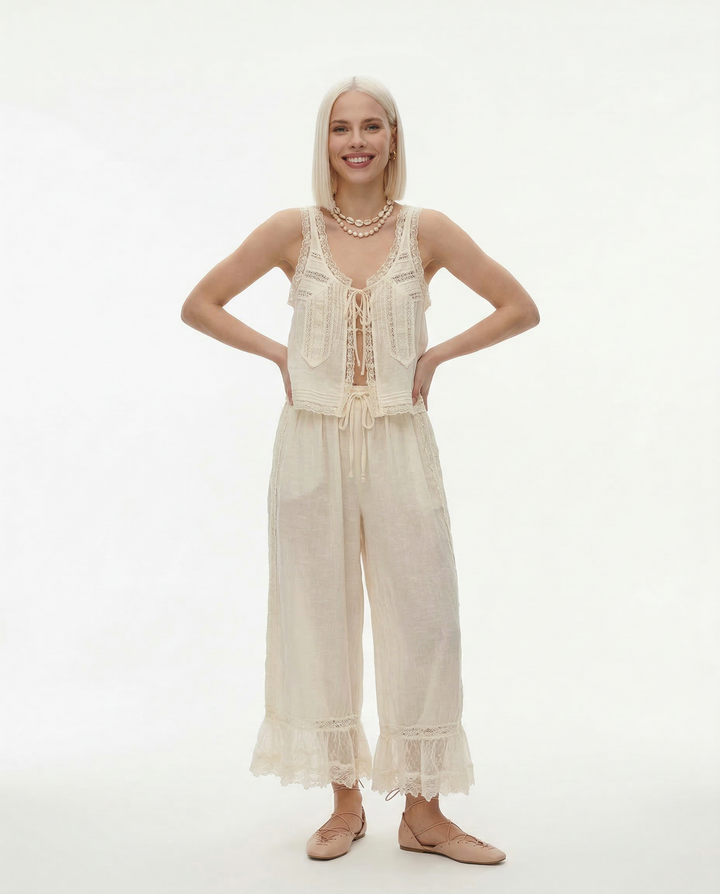Lace-Trim Cotton Two-Piece Set with Tank Top and Wide-Leg Drawstring Pants